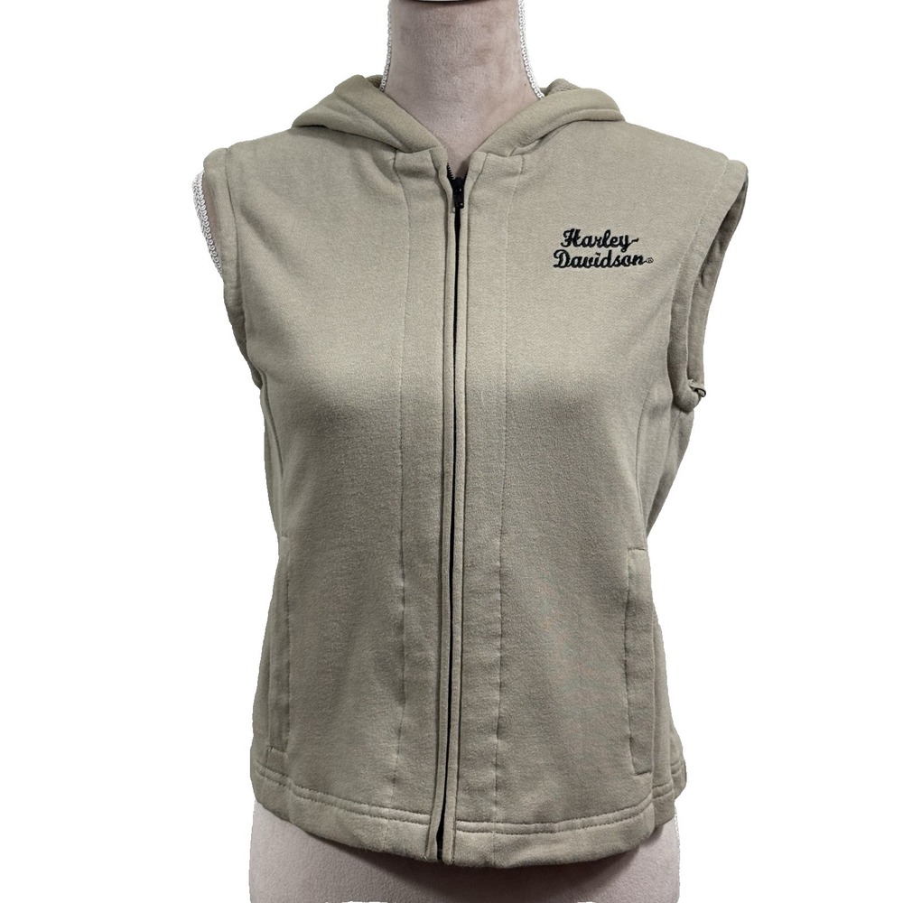 Harley Davidson Women's S Sleeveless Hooded Sweatshirt Vest Tan Full Zipper